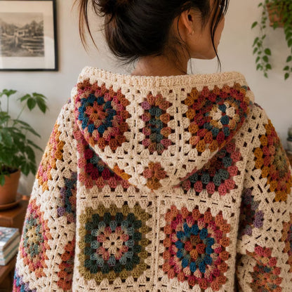 Granny Square Hooded Cardigan Crochet Pattern PDF – Zip Up Sweater