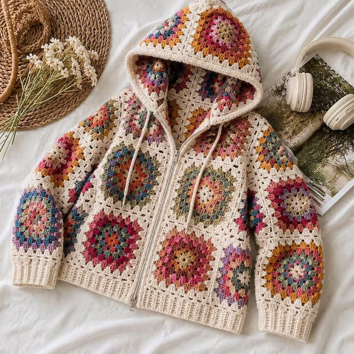 Granny Square Hooded Cardigan Crochet Pattern PDF – Zip Up Sweater