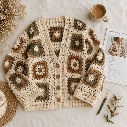 Floral Granny Square Cardigan Crochet Pattern PDF – Boho Sweater