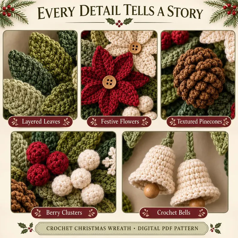 Crochet Christmas Wreath Pattern PDF – Poinsettia Holiday Door Wreath