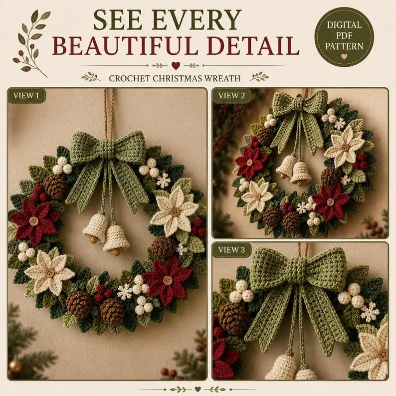 Crochet Christmas Wreath Pattern PDF – Poinsettia Holiday Door Wreath