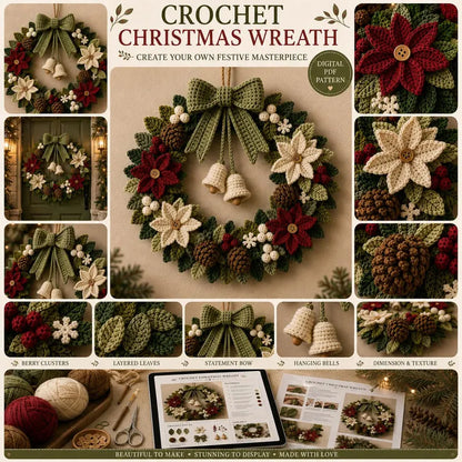 Crochet Christmas Wreath Pattern PDF – Poinsettia Holiday Door Wreath