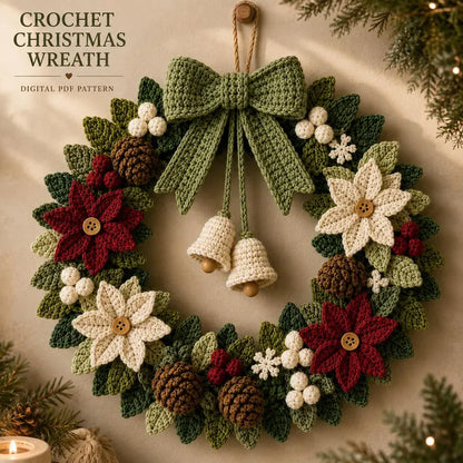 Crochet Christmas Wreath Pattern PDF – Poinsettia Holiday Door Wreath