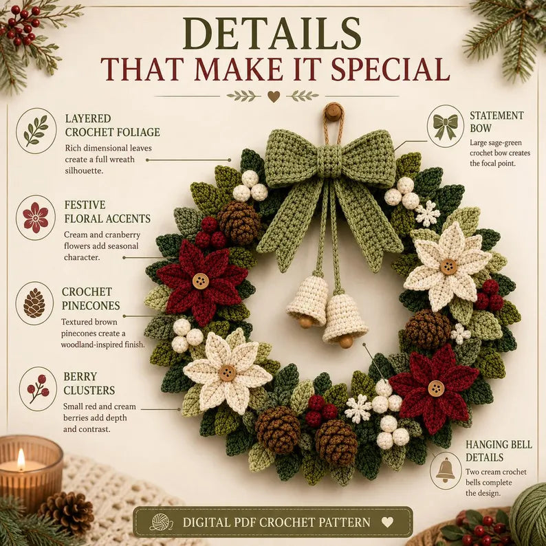 Crochet Christmas Wreath Pattern PDF – Poinsettia Holiday Door Wreath