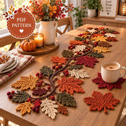 Autumn Leaf Table Runner & Coaster Crochet Pattern PDF – Fall Thanksgiving Decor
