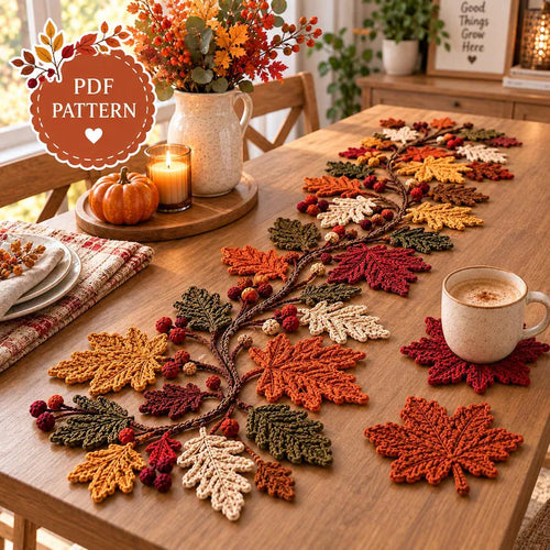 Autumn Leaf Table Runner & Coaster Crochet Pattern PDF – Fall Thanksgiving Decor