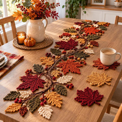 Autumn Leaf Table Runner & Coaster Crochet Pattern PDF – Fall Thanksgiving Decor