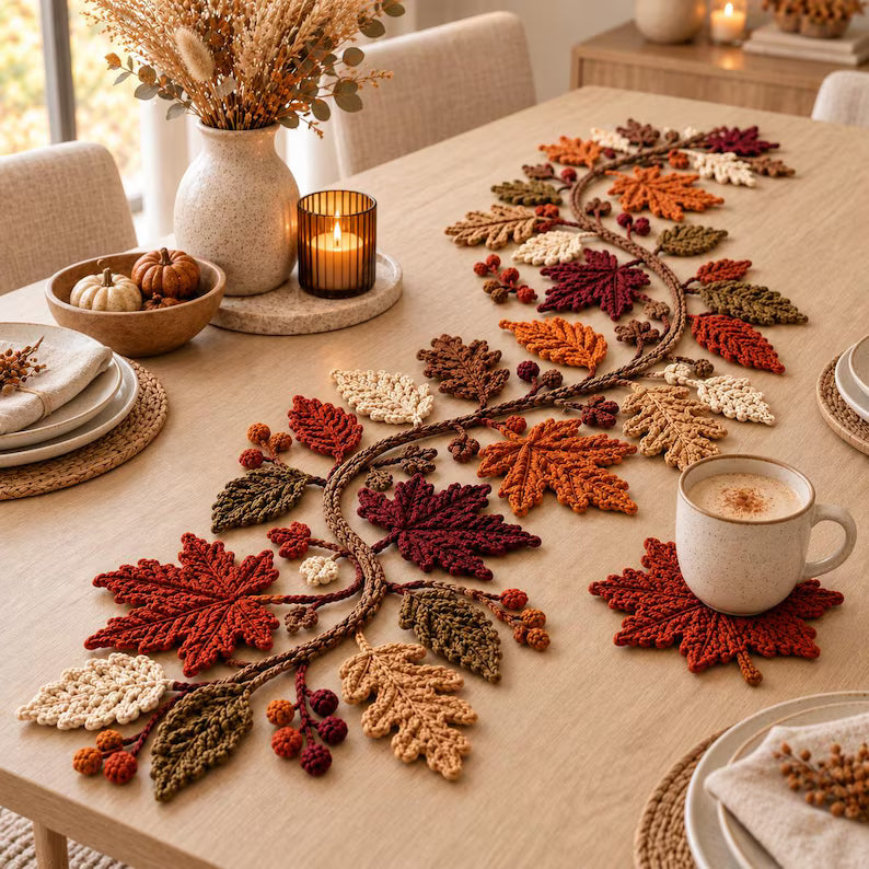 Autumn Leaf Table Runner & Coaster Crochet Pattern PDF – Fall Thanksgiving Decor