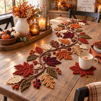 Autumn Leaf Table Runner & Coaster Crochet Pattern PDF – Fall Thanksgiving Decor