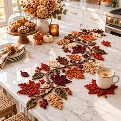 Autumn Leaf Table Runner & Coaster Crochet Pattern PDF – Fall Thanksgiving Decor