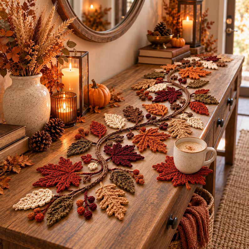 Autumn Leaf Table Runner & Coaster Crochet Pattern PDF – Fall Thanksgiving Decor