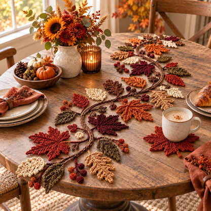 Autumn Leaf Table Runner & Coaster Crochet Pattern PDF – Fall Thanksgiving Decor