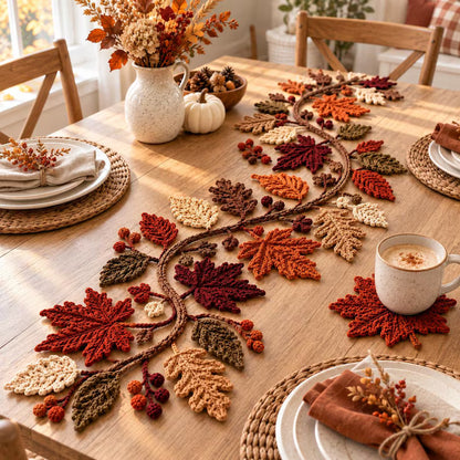Autumn Leaf Table Runner & Coaster Crochet Pattern PDF – Fall Thanksgiving Decor