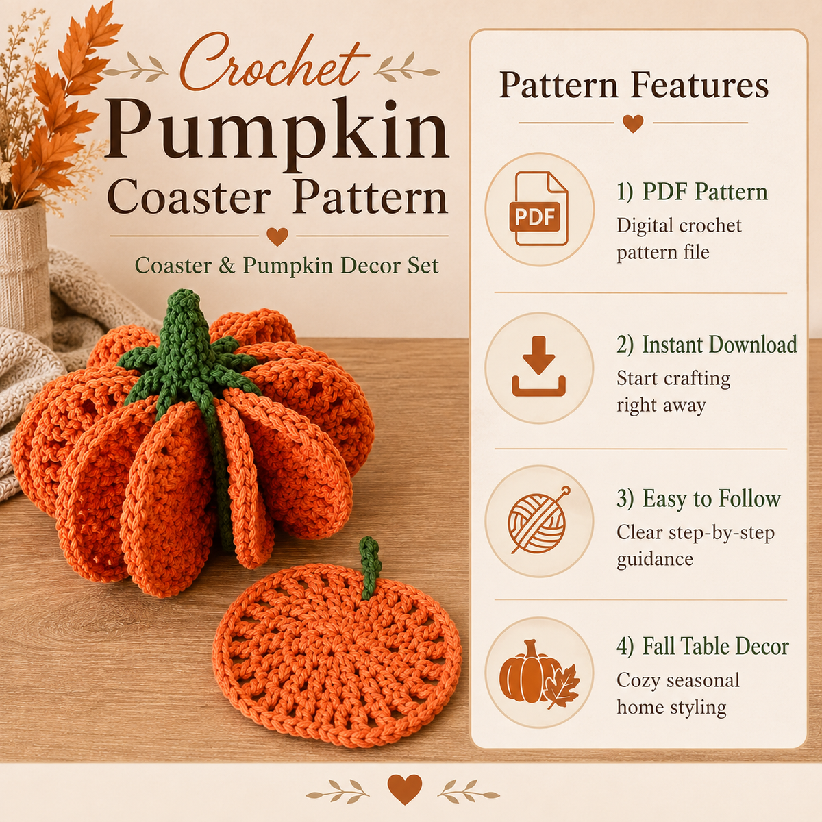 Pumpkin Coaster Crochet Pattern PDF – Fall Crochet Decor & Autumn Coaster Pattern